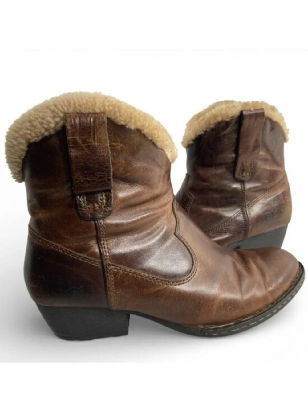 Born Brown Leather Shearling Lined Western Ankle Boots Booties Women's 7